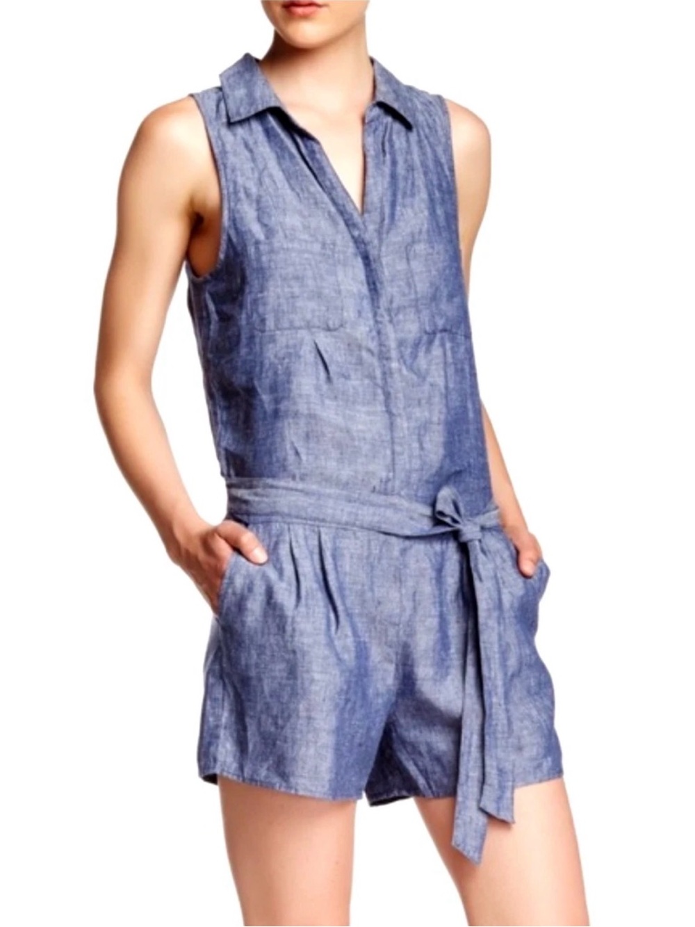 Joie Women’s Sleeveless Open Back Toinette Linen Denim Tie-Waist Romper, S